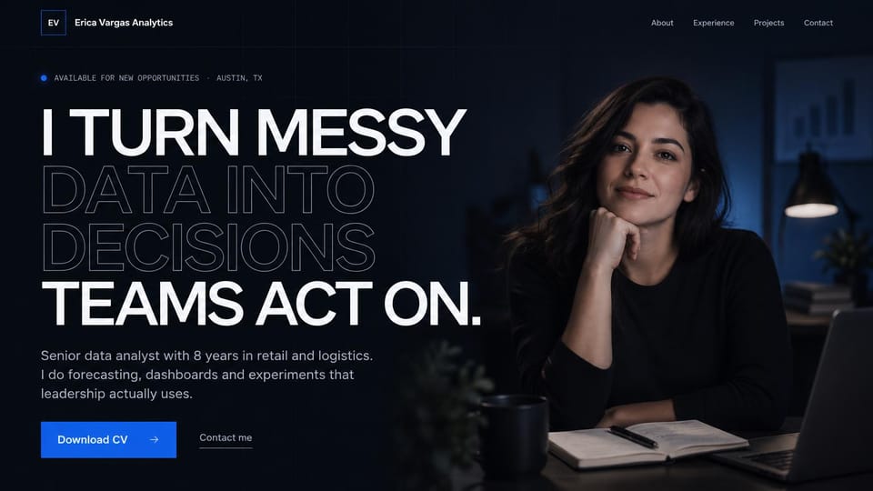 Resume website design, retail and logistics analyst with a half-outlined headline: near-black navy page, a huge white headline in capitals with two lines in outline, a blue download CV button and a woman resting her chin on her hand at a lamplit desk