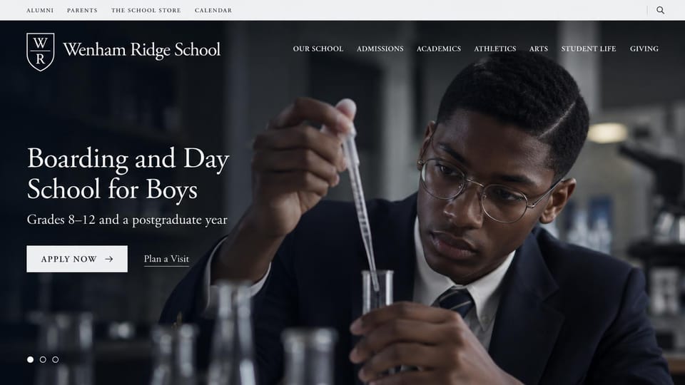 School website design, boys' boarding school in a dark lab: dark navy, a student in a blazer using a pipette in a lab, a white serif headline and a white apply button