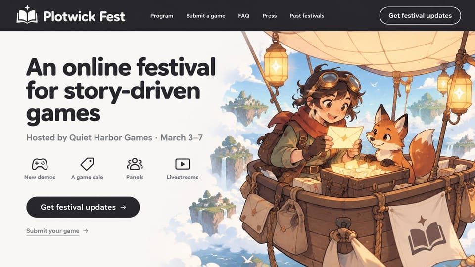 Gaming website design, online festival for story games: white page, dark headline, a dark updates button, four small icons, an illustration of a girl and a fox in a balloon basket over floating islands