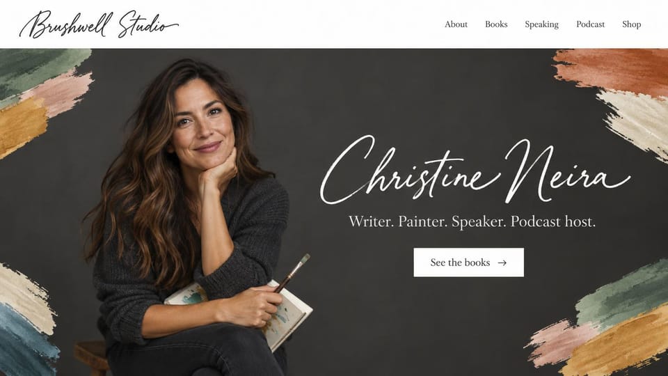 Author website design, writer and painter with brushstrokes: charcoal, a woman with a paintbrush, colored paint strokes and a large white script name