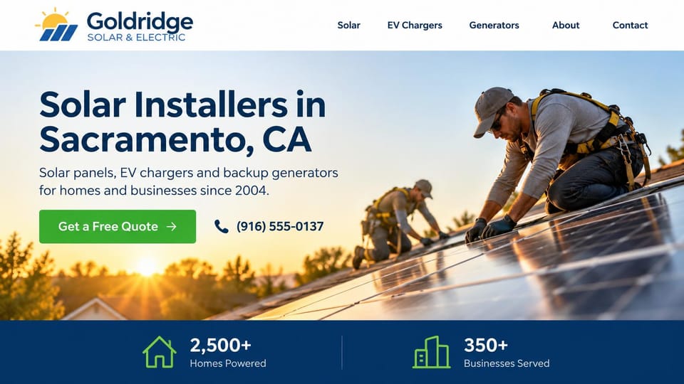 Solar website design, solar and electric with figures in a navy band: white header, a navy headline over a sunrise photo of installers on a roof, a green quote button and phone number, a navy band with two figures