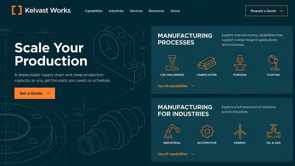 Manufacturing website design, production partner with capability icons: deep teal page with faint engineering drawings, a white headline, an orange quote button and two panels of orange line icons for processes and industries