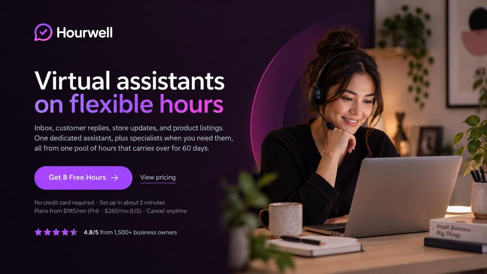 Virtual assistant website design, online store support on flexible hours: dark purple page, a white and violet headline, a violet button, small pricing notes and a woman in a headset at a laptop in a warm room
