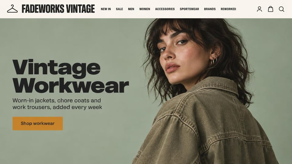 Fashion website design, vintage workwear on a sage background: sage background, a woman looking over her shoulder in a faded olive canvas jacket, a bold black headline and an amber button
