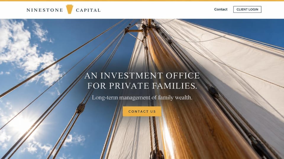 Financial advisor website design, investment office for private families under sail: view up a sailboat mast against a blue sky, centered white capitals and a gold button