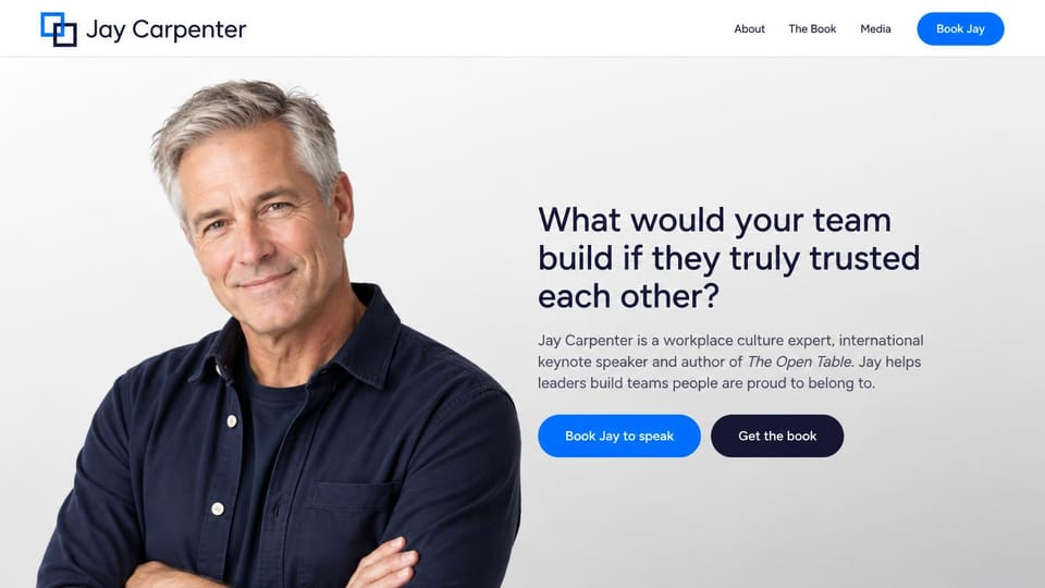 Speaker website design, workplace culture speaker and author: light grey page, a smiling grey-haired man with crossed arms on the left, dark sans question headline on the right, blue and navy buttons