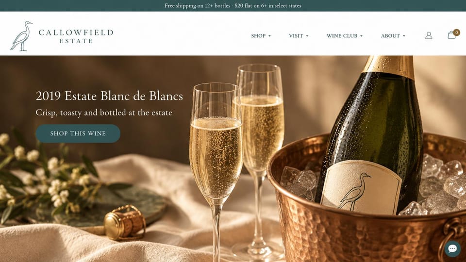 Winery and brewery website design, sparkling wine led by one bottle: white header with a heron mark, a warm photo of a sparkling wine bottle in a copper ice bucket with two flutes, white serif text and a teal button