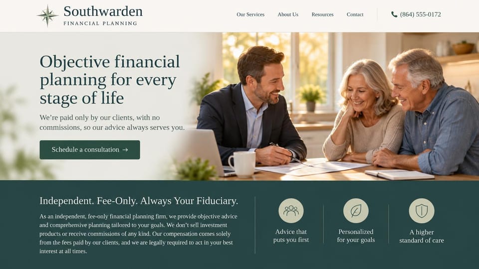 Financial advisor website design, fee-only fiduciary planning with a smiling couple at the table: soft cream fading into a sunlit kitchen where an advisor laughs with an older couple, dark green serif headline, deep green schedule button and a dark teal band with sage icon circles