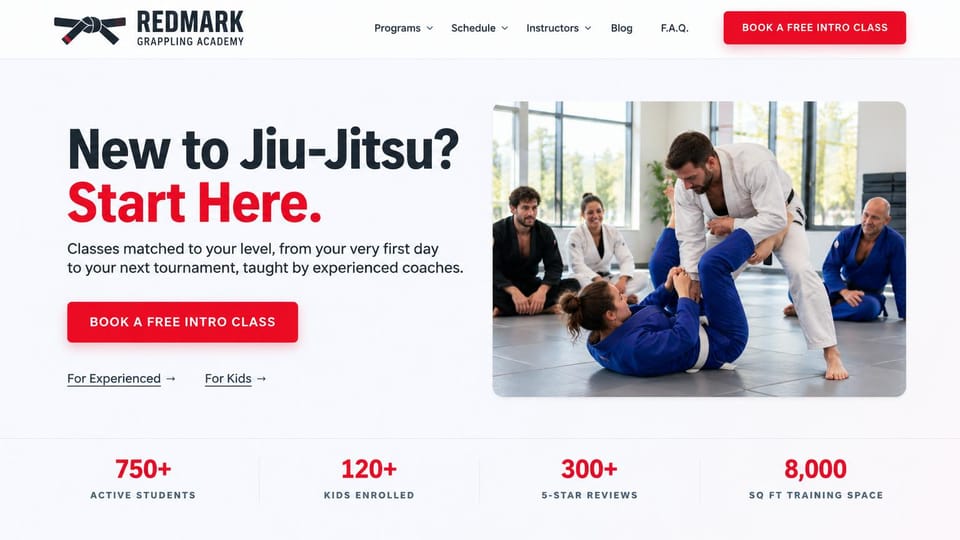 Martial arts website design, jiu-jitsu for beginners with a start-here headline: white and pale gray page, a bold black and red headline, a photo of adults training in gis, a red button and a row of red stats