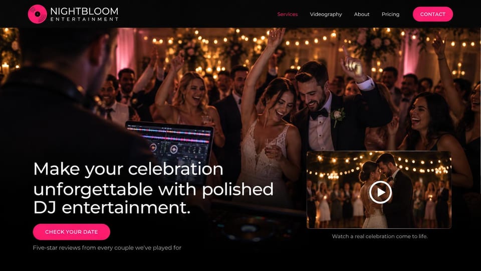 DJ website design, wedding DJs with a first-dance video: black page with hot pink logo and buttons, a dance floor seen from the DJ booth, a white headline and a first-dance video card
