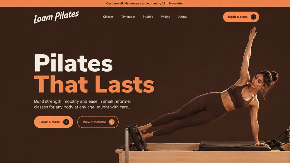 Fitness website design, pilates in bold orange and brown: dark brown and bright orange, a woman in a side plank on a reformer beside a bold headline