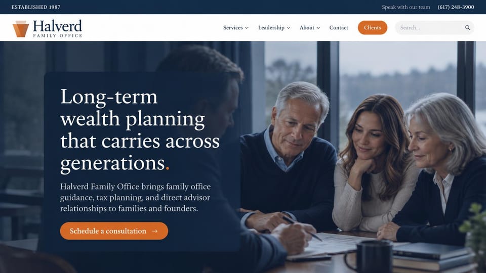 Financial advisor website design, family office across generations: navy top bar, orange clients button, translucent navy panel with a serif headline over an advisor meeting three family members