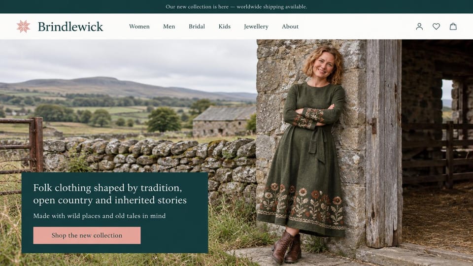 Fashion website design, embroidered folk dresses on open moorland: dark teal top bar, a pink star logo, a smiling woman in a moss green wool dress with floral embroidery leaning on a stone barn above moorland, a dark teal text panel and a pink button