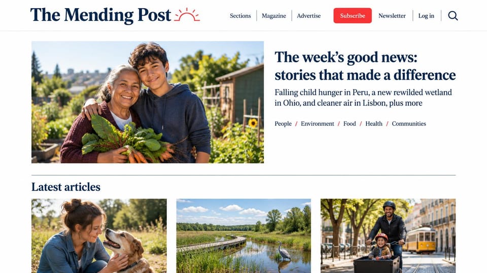 News and magazine website design, good-news magazine with a weekly roundup lead: white page, navy serif wordmark with a red sunrise mark, red subscribe button, a grandmother and teenager holding garden vegetables, a row of story photos below