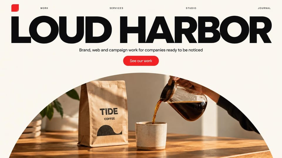 Agency website design, studio name as a giant headline: white page, a huge black wordmark, a red button and a curved photo of coffee being poured beside a bag