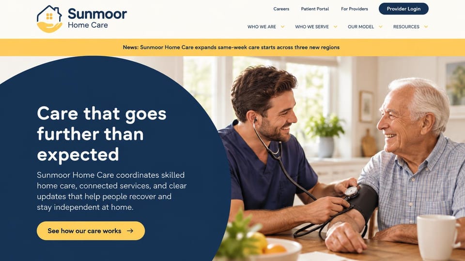 Home care website design, home health in navy and sunny yellow: cream header, a yellow news bar, a curved navy panel with a white headline and a yellow button beside a nurse taking an older man's blood pressure