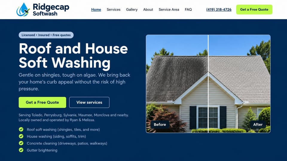 Pressure washing website design, roof soft washing with a before and after: white menu with a lime button, deep navy page, a white headline and checklist on the left, a before and after photo of a house roof on the right