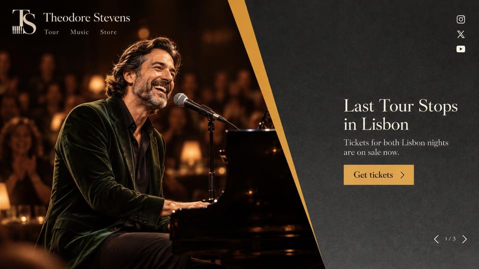 Musician website design, piano singer with a gold diagonal: a smiling pianist singing on stage, a gold diagonal stripe and a charcoal panel with a gold button