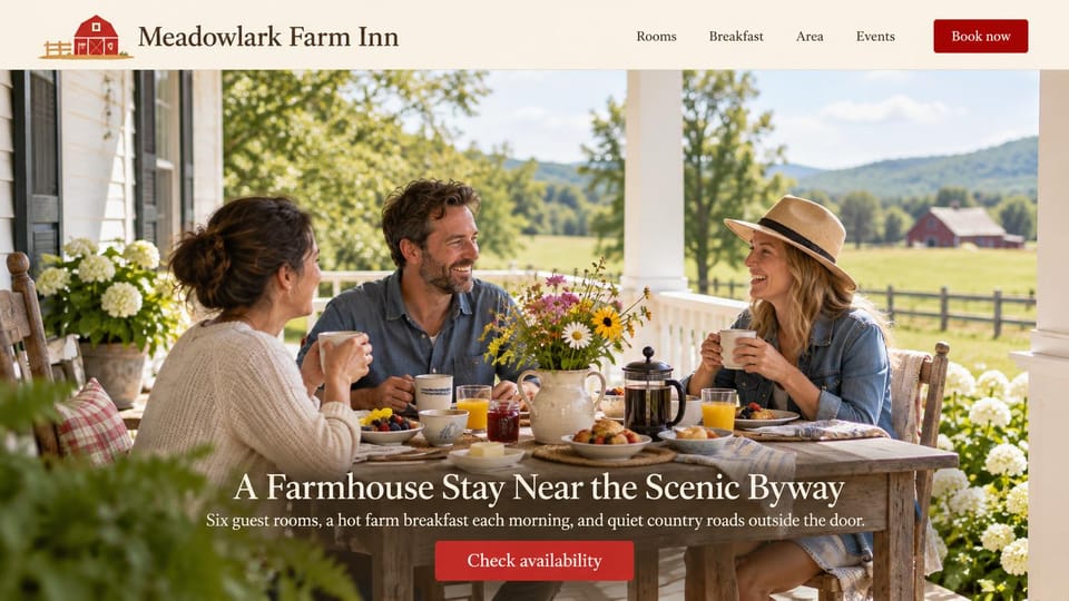 Bed and breakfast website design, farm stay with breakfast on the porch: three guests at a breakfast table on a farmhouse porch above green fields and a red barn, red buttons
