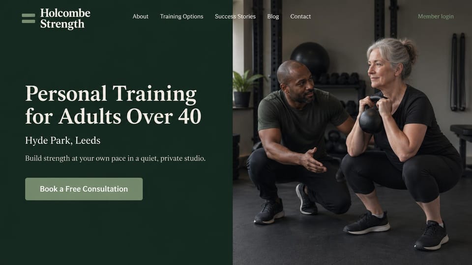 Personal trainer website design, quiet over-40 strength studio in forest green: deep green panel with a cream serif headline and a sage consultation button, a trainer crouching beside an older woman's kettlebell squat in a dark studio