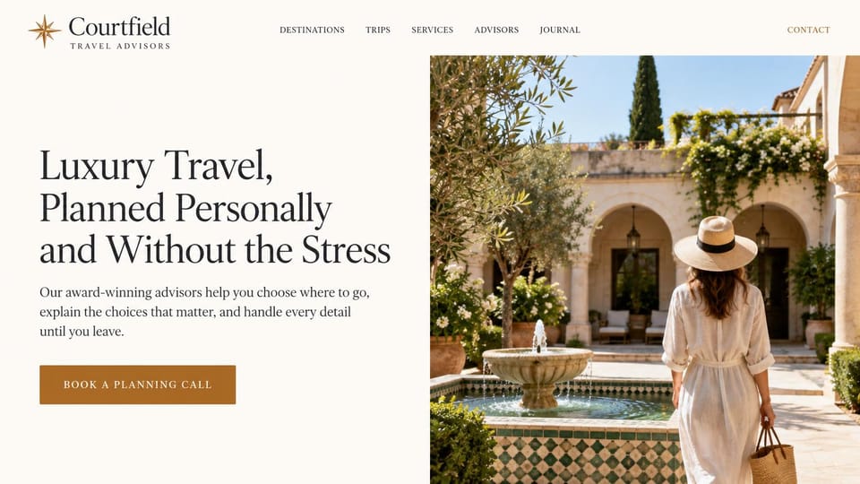 Travel agency website design, luxury travel advisors with a planning call button: ivory page, black serif headline and an ochre call button at the left, a woman in a sun hat walking through a sunny courtyard with a fountain on the right