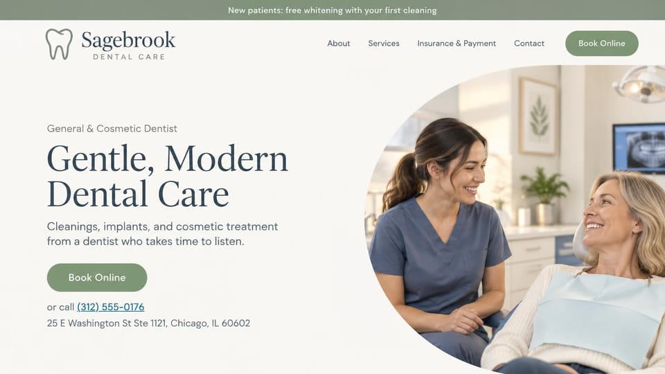 Dental website design, general and cosmetic dentist with a round photo: cream and sage green, a dentist smiling with a patient in a large round photo beside a serif headline