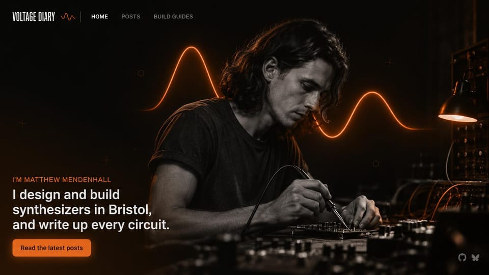 Blog website design, electronics maker blog in the dark: black and orange, a man soldering in a dark workshop with glowing orange waveforms and an orange button