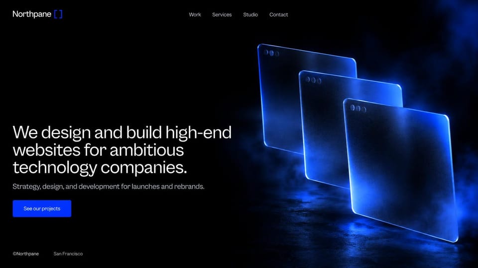 Landing page website design, web design studio for tech companies with glowing panes: black page, a large white headline on the left, a blue button and three glowing blue glass browser windows