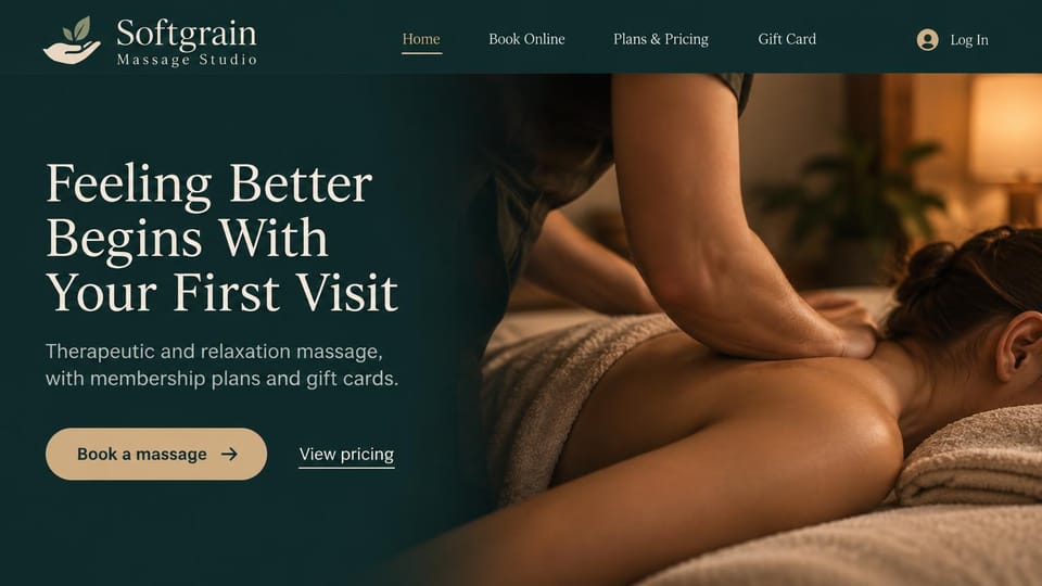 Massage therapist website design, massage studio with plans and pricing up front: dark teal page, a large cream serif headline, a tan pill button and a photo of forearm work on a client's back