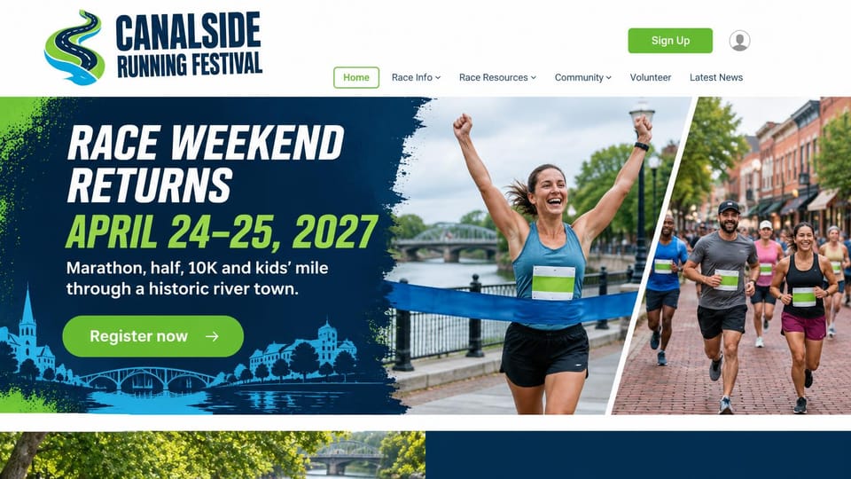 Event website design, race weekend with a finish-line photo: navy torn-paper panel with white and lime italic headline, a runner breaking the tape, runners on a brick street, green button