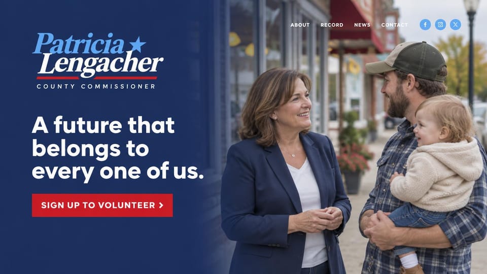 Political campaign website design, county commission with a family on main street: navy panel with a script name logo and a bold white headline, a woman talking with a father holding a toddler on a shopping street, a red button