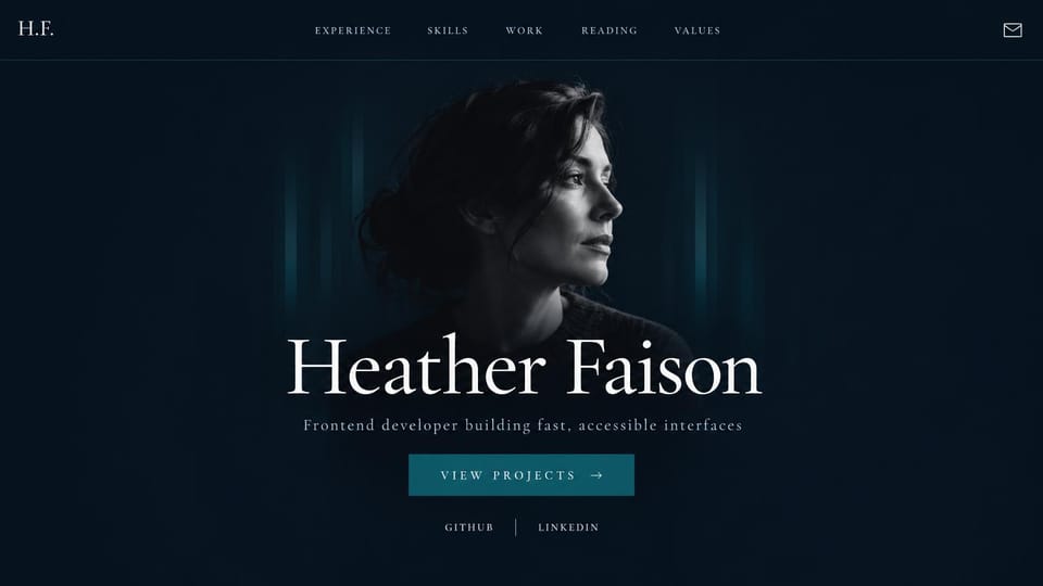 Personal website design, front-end developer with a cinematic portrait: dark navy and teal, a centered monochrome portrait above a large serif name and a teal projects button