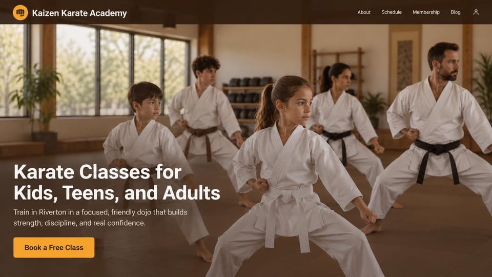 Martial arts website design, karate for kids, teens and adults in a sunlit dojo: full-width photo of kids and adults in white karate gis in a sunlit dojo under a warm brown tint, a white headline and an amber button