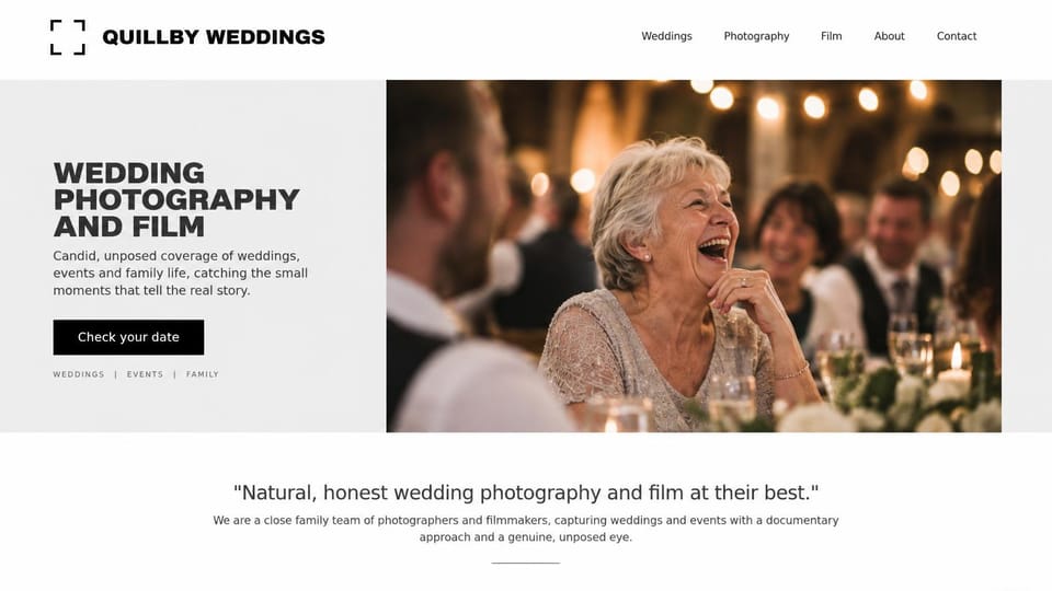 Wedding photographer website design, family-run photo and film team with a laughing guest up top: white page, a light gray panel with bold black sans capitals and a black button, an older woman laughing at a reception under string lights, a centered quote below