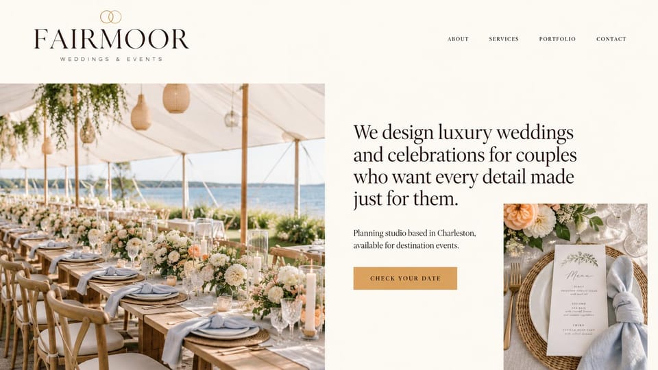 Event planner website design, luxury planner with a tent and menu card: cream page, waterfront tent with long tables, blue napkins and peach flowers, serif headline, gold button, inset menu card