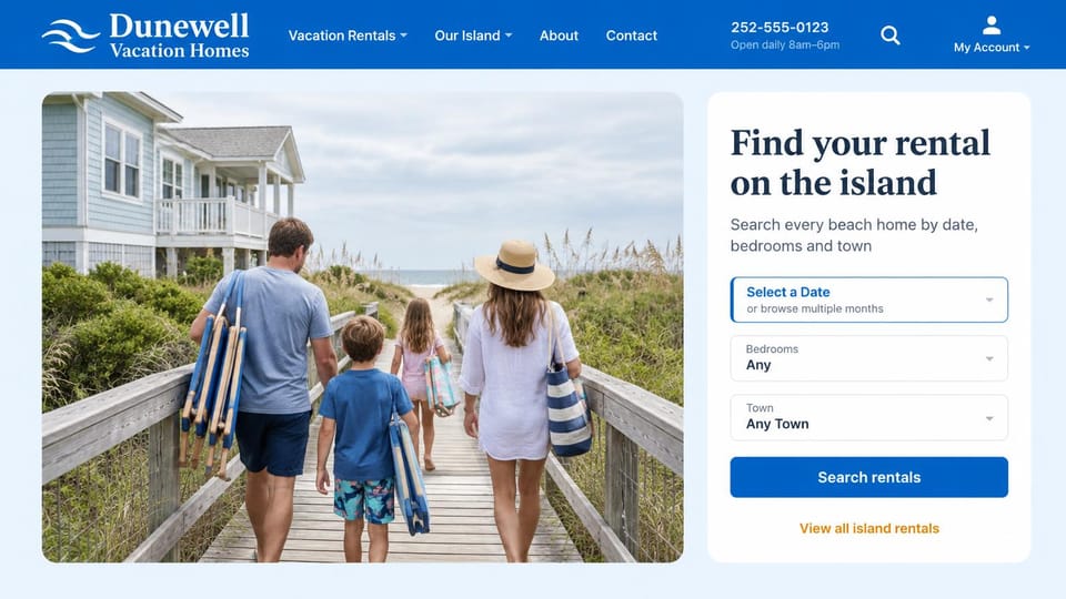 Vacation rental website design, island rental agency with search by town: royal blue header, light blue page, rounded photo of a family carrying beach chairs down a boardwalk, white search card with a blue button