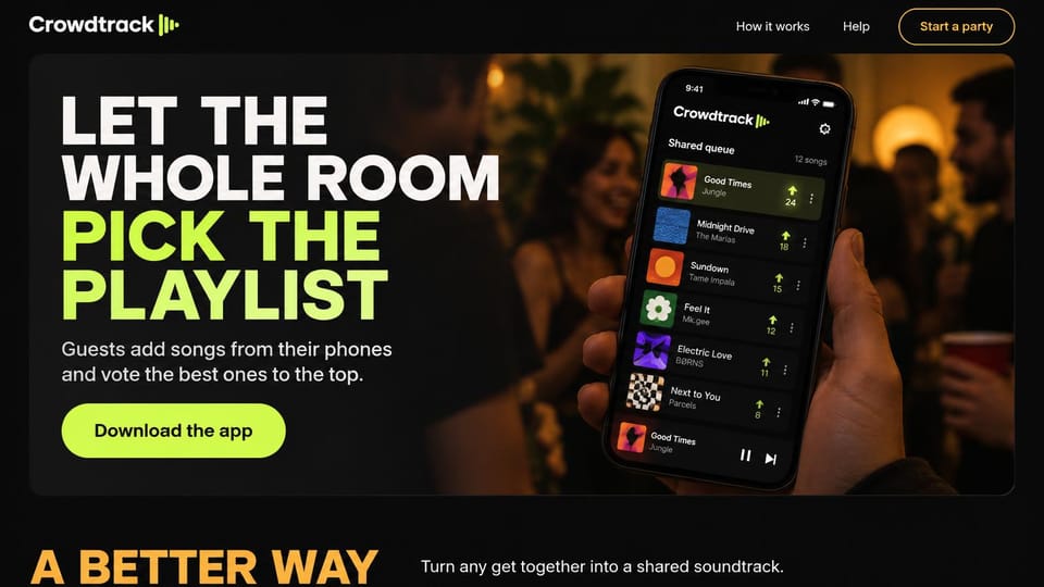 Mobile app website design, party playlist app in neon green: dark party photo, huge white and neon green uppercase headline and a phone showing a song queue