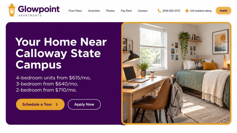 Apartment website design, student apartments in purple and gold: white header with a resident rating and gold apply button, a deep purple panel with a white headline, rents and gold and outlined buttons, a bright bedroom with a desk and bookshelf