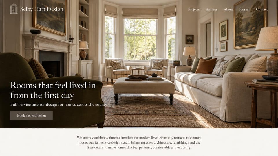 Interior design website design, classic living rooms with an introduction below: a sunny English living room with a bay window, a white serif headline, a gray button and a cream intro band