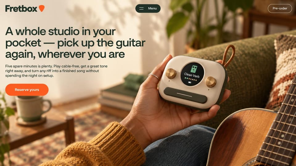 Coming soon website design, gadget pre-order with a lifestyle photo: warm living room photo, a hand holding a cream pocket music device beside a guitar, dark green headline and an orange button