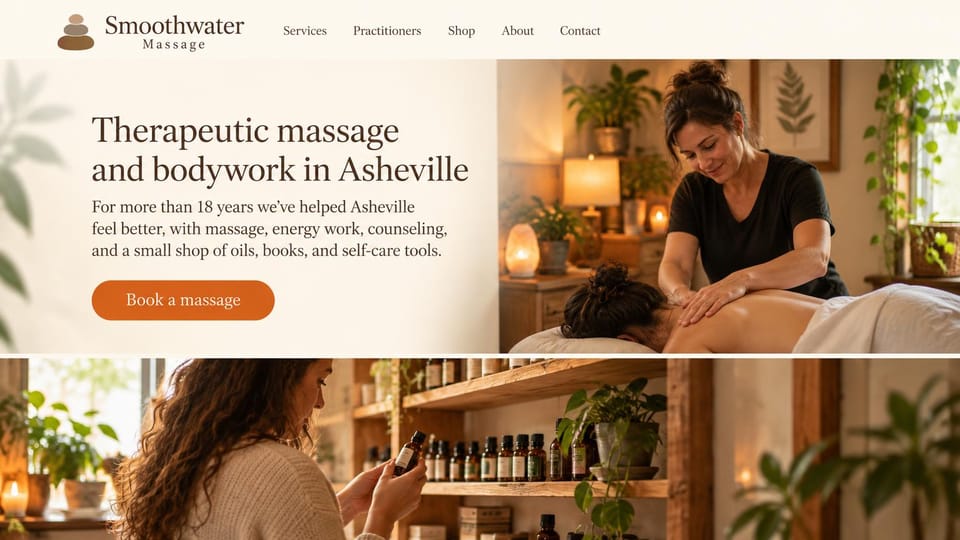 Massage therapist website design, massage and energy work with a small shop: cream page, a dark serif headline and an orange button, a therapist at work above a photo of a woman by a shelf of oils