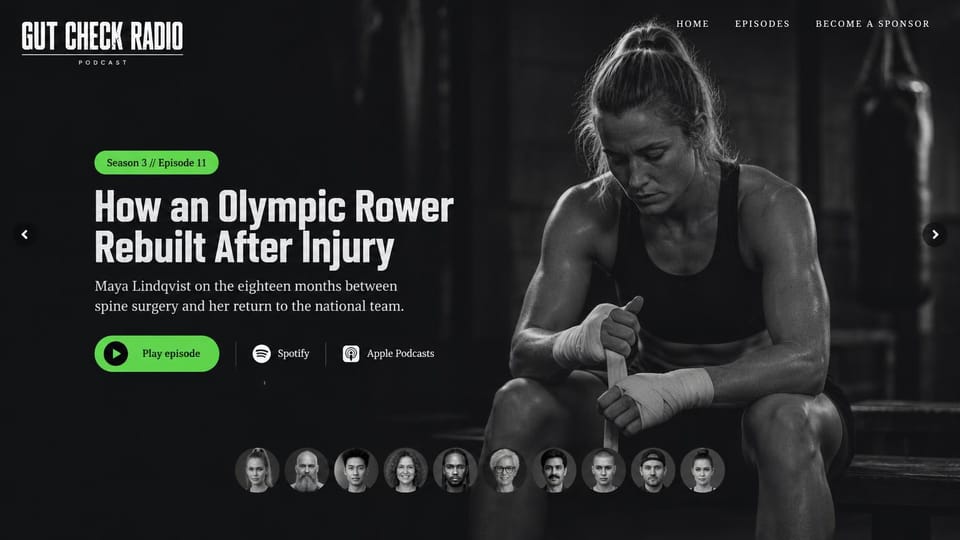 Podcast website design, athlete interviews in black and white: black and white boxer wrapping her hands, a condensed white headline, a green play button and guest faces