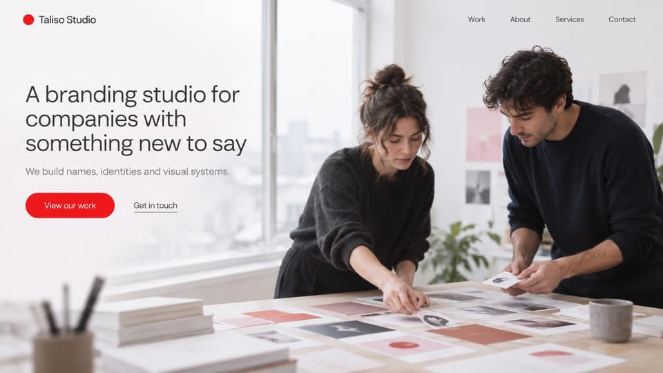 Business website design, naming and identity studio at the layout table: white page, a large charcoal headline, a red button and two designers sorting prints on a long table by a window