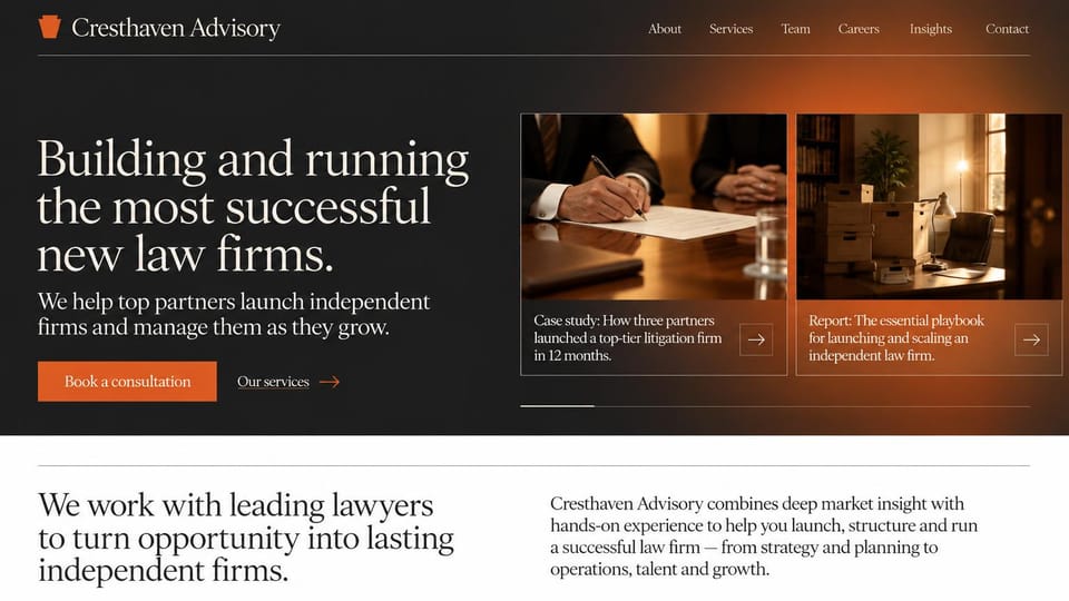 Consulting website design, law firm launch advisory with case study cards: charcoal page with an orange glow, large cream serif headline, orange button, two photo cards of legal paperwork and a law office