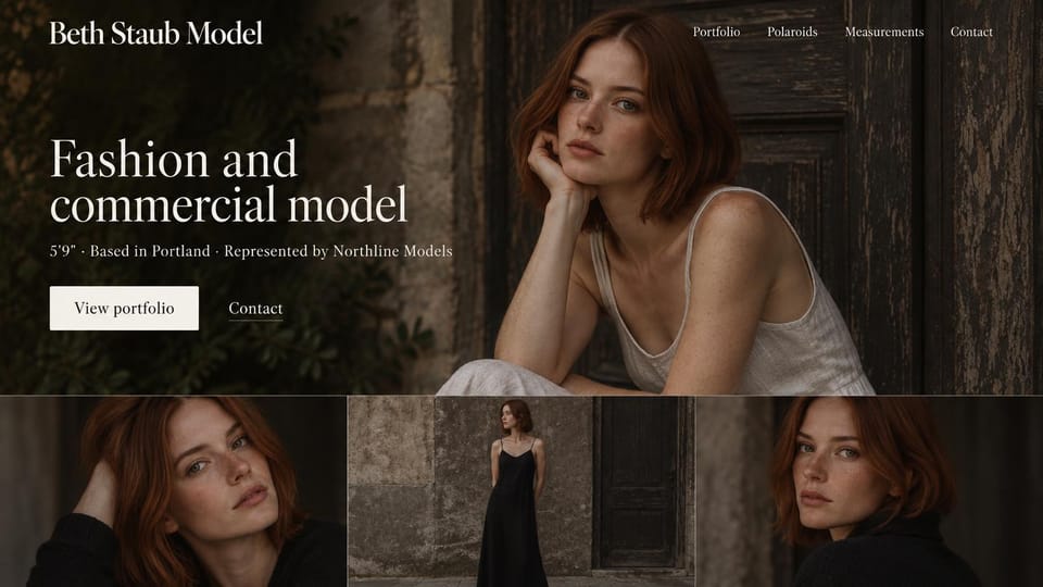 Model portfolio website design, fashion model in moody light by an old door: dark brown page, a red-haired woman in a cream camisole leaning by a weathered wooden door, a white serif headline, a white portfolio button and three photos below