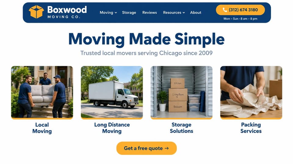 Moving company website design, moving made simple with four service cards: white page, a rounded navy menu bar with a yellow phone button, a centered navy headline, four photo cards with yellow edges, a yellow quote button