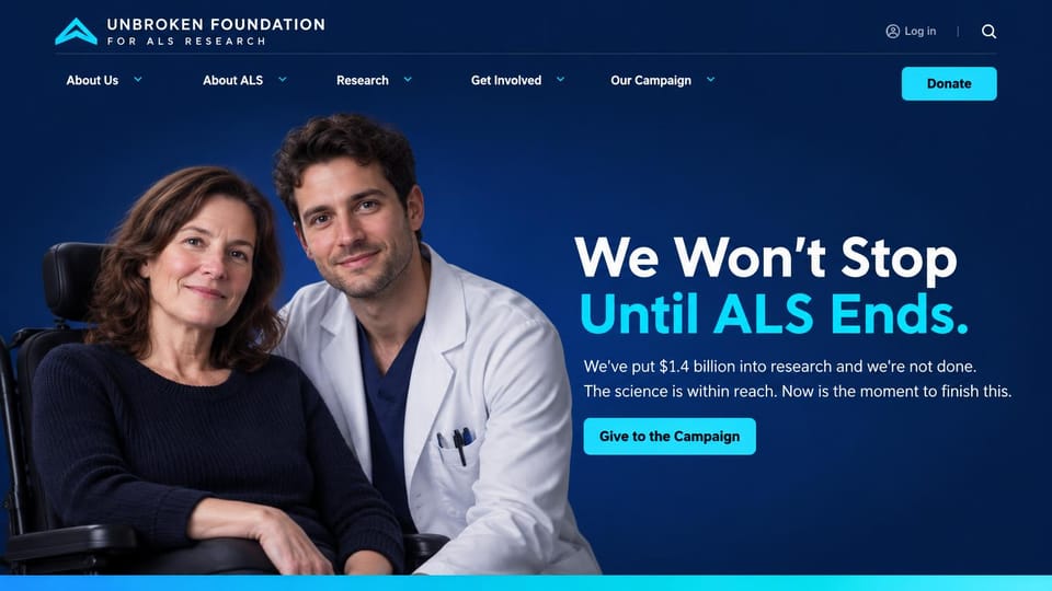 Nonprofit website design, research foundation with a patient and doctor: deep navy and bright blue, a seated woman beside a doctor, a bold two-color headline