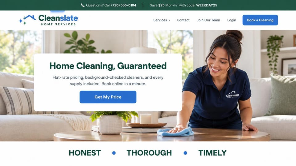Cleaning service website design, flat-rate home cleaning with an offer bar: dark green top bar, a white card with a green headline and blue price button over a cleaner wiping a coffee table