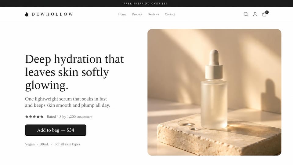 Landing page website design, skincare serum with the price on the button: white page, a large black serif headline, a star rating, a black add to bag button and a frosted dropper bottle on sunlit stone