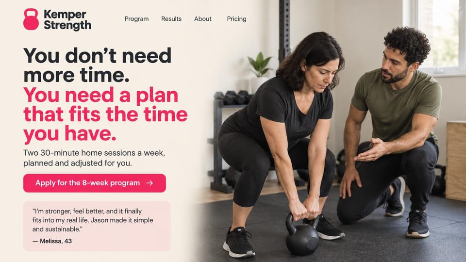 Personal trainer website design, home strength program for people short on time: cream page, a bold charcoal and hot pink headline, a pink apply button, a pale pink quote card, a coach kneeling beside a woman lifting a kettlebell in a bright home gym